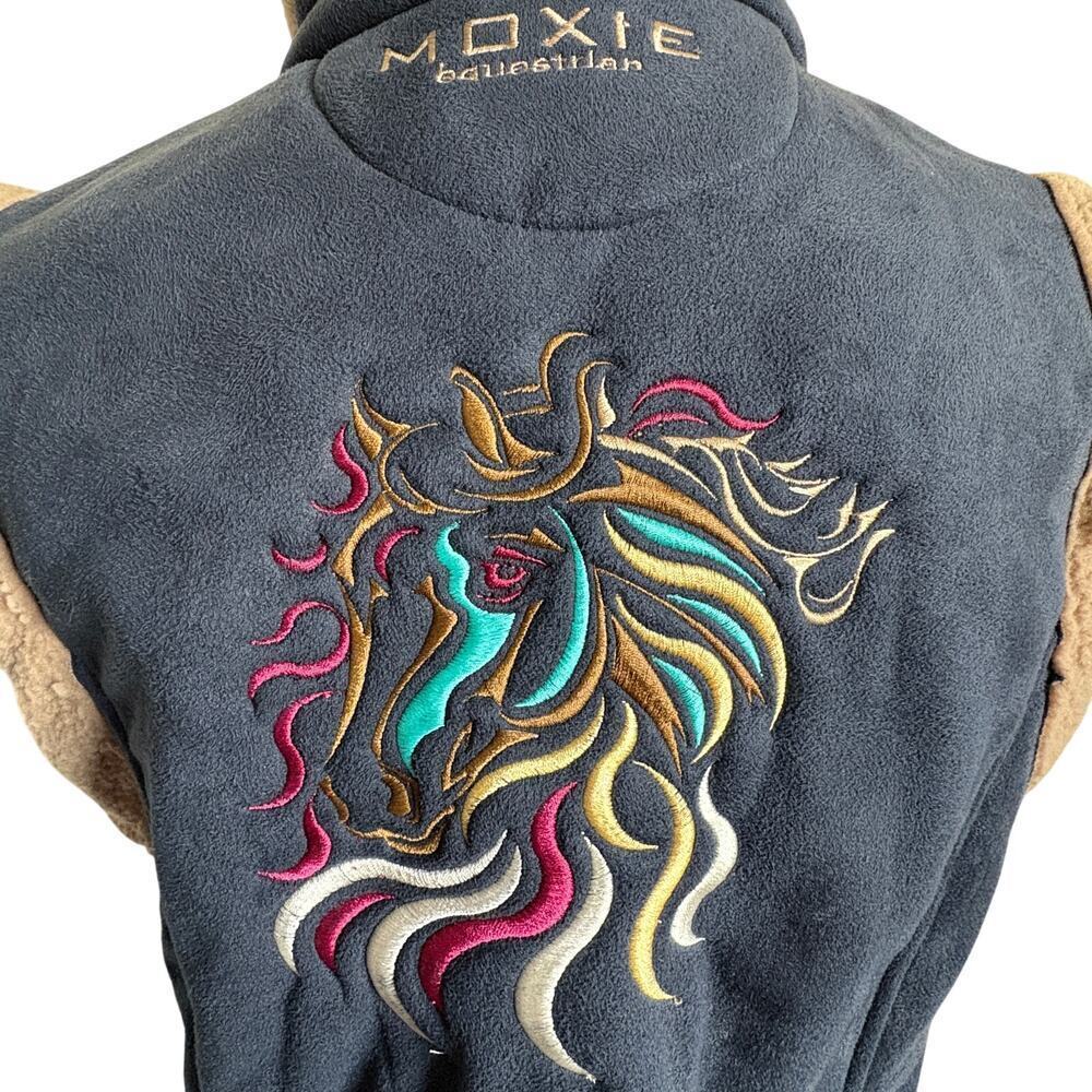 Moxie Equestrian Navy Fleece Vest Sherpa Trim Embroidered Horse XS
